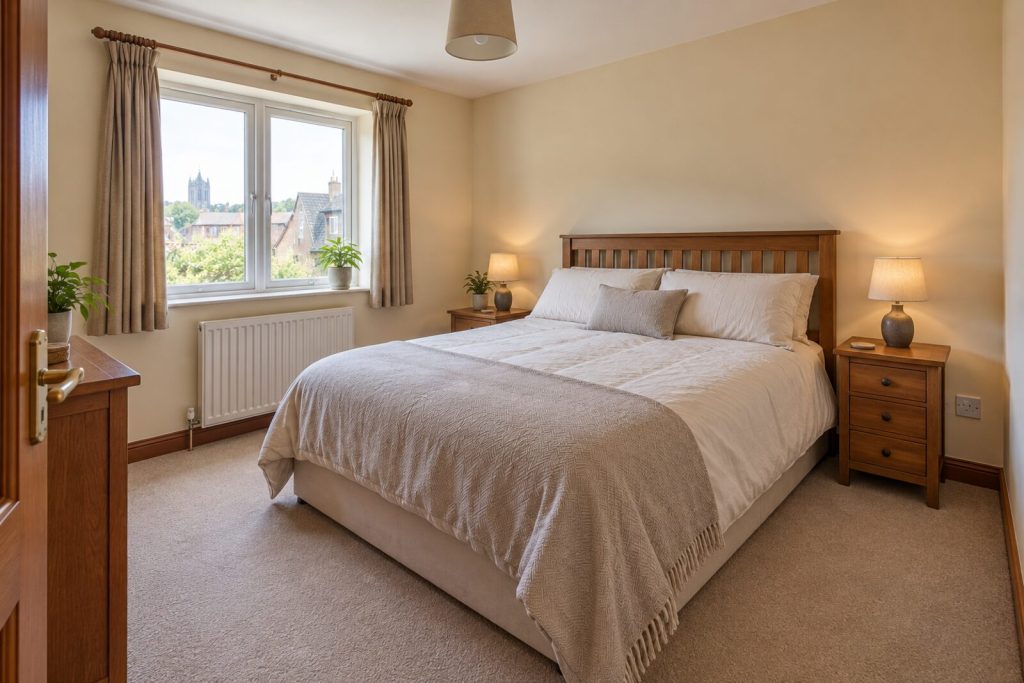 Bedroom in a 2000s town-centre flat with a cherry-wood kitchen, afternoon light