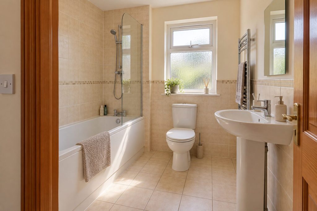 Bathroom in a 2000s town-centre flat with a cherry-wood kitchen, afternoon light
