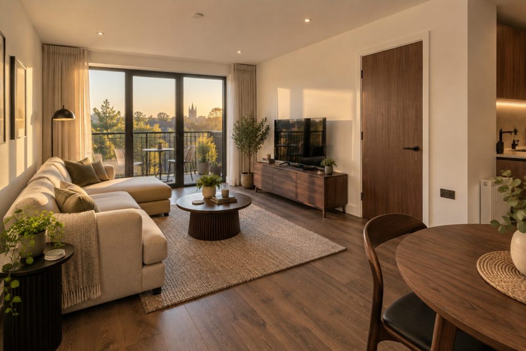 Living room in a new-build flat, warm white with walnut and black fittings, golden hour