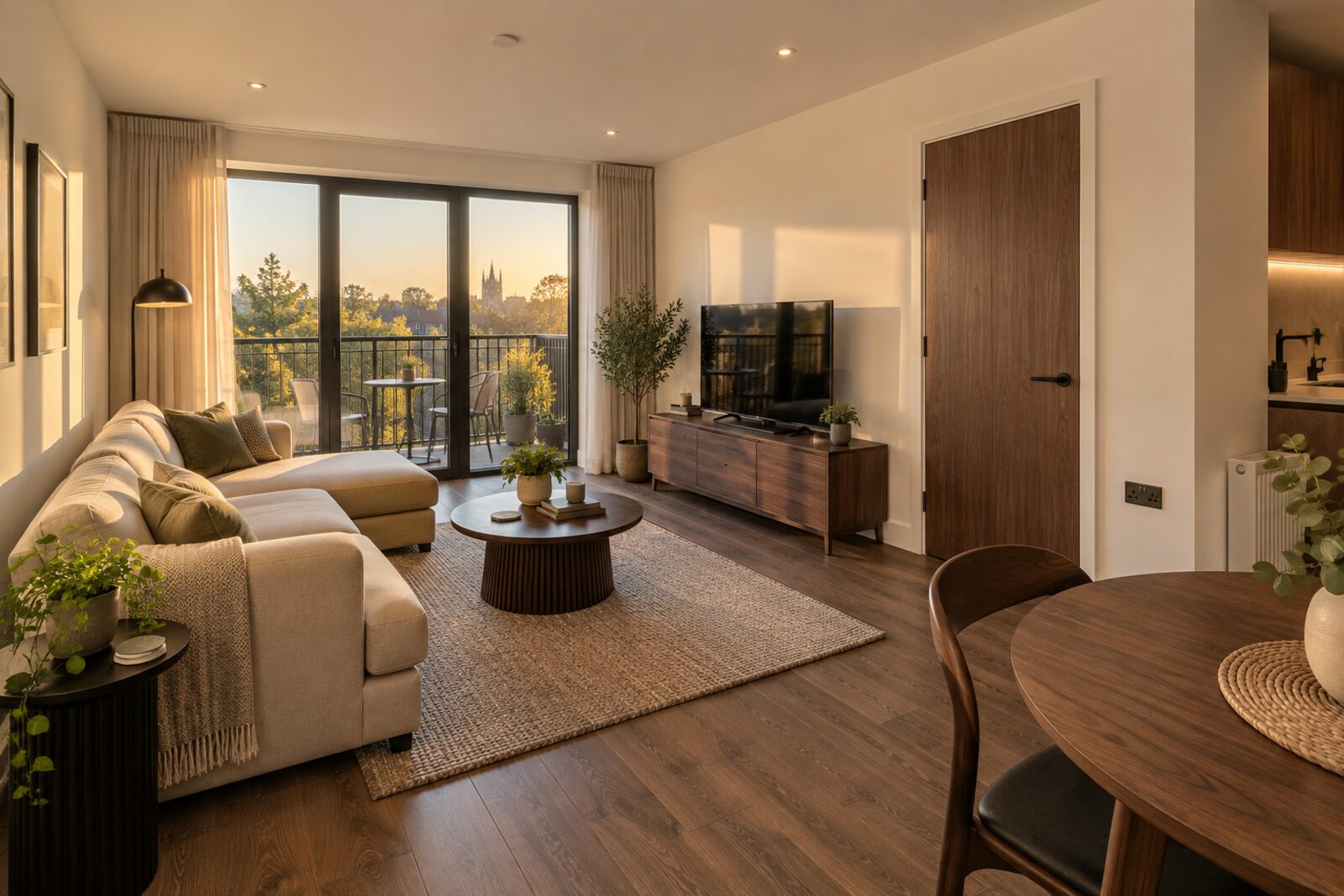 Living room in a new-build flat, warm white with walnut and black fittings, golden hour
