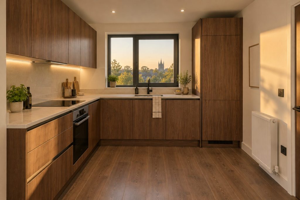 Kitchen in a new-build flat, warm white with walnut and black fittings, golden hour