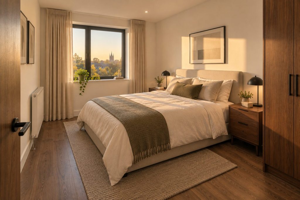 Bedroom in a new-build flat, warm white with walnut and black fittings, golden hour