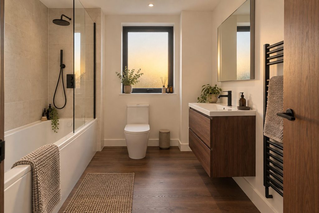 Bathroom in a new-build flat, warm white with walnut and black fittings, golden hour