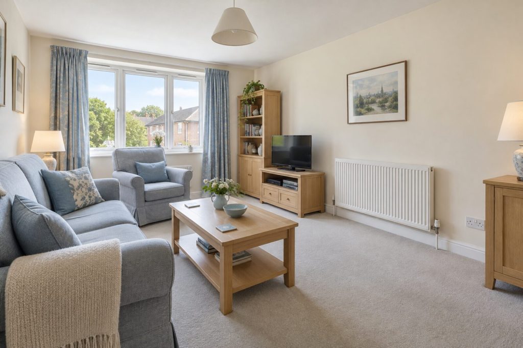 Living room in a tidy 1980s flat in cream and soft blue