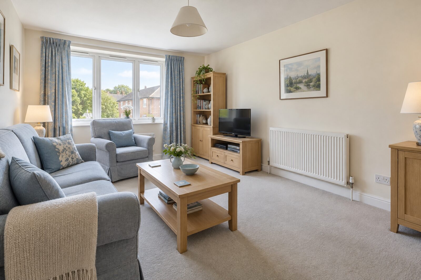 Living room in a tidy 1980s flat in cream and soft blue