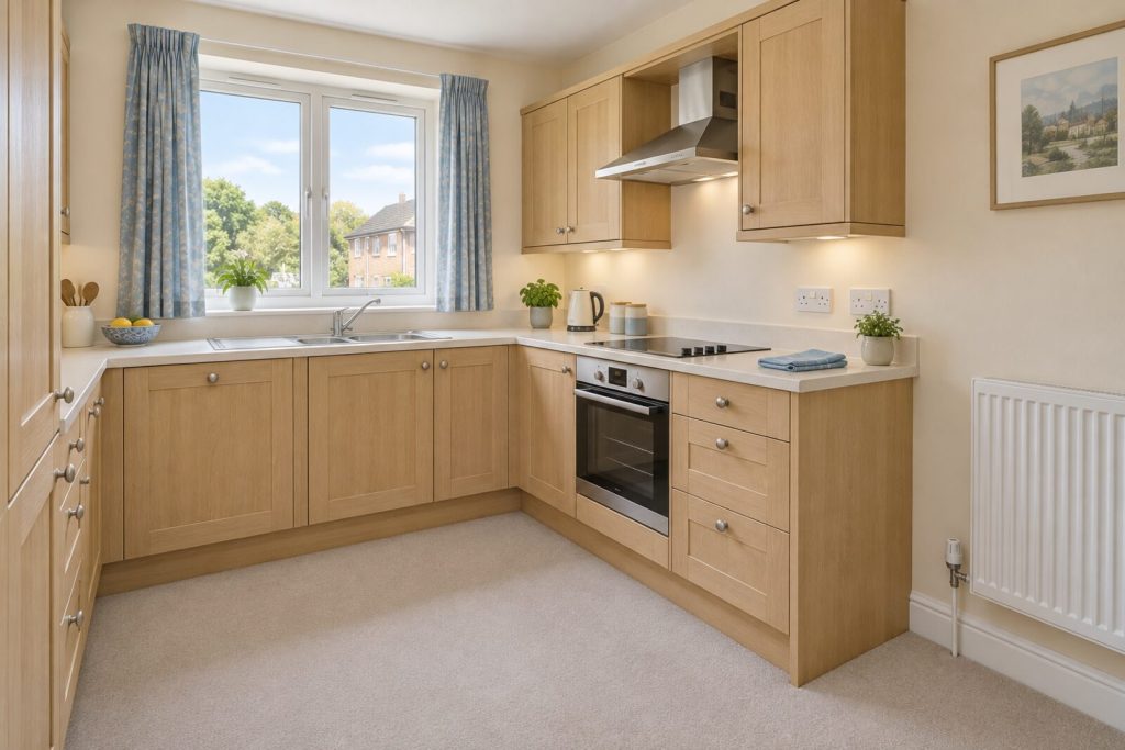 Kitchen in a tidy 1980s flat in cream and soft blue
