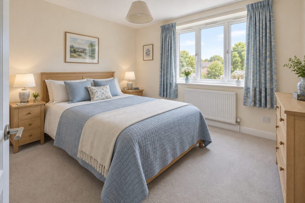 Bedroom in a tidy 1980s flat in cream and soft blue