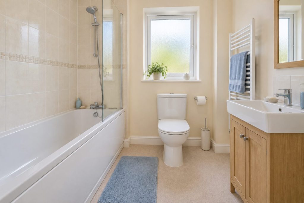 Bathroom in a tidy 1980s flat in cream and soft blue
