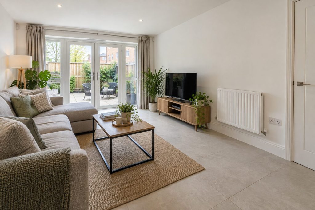 Living room in a modern ground-floor flat with patio doors, spring light