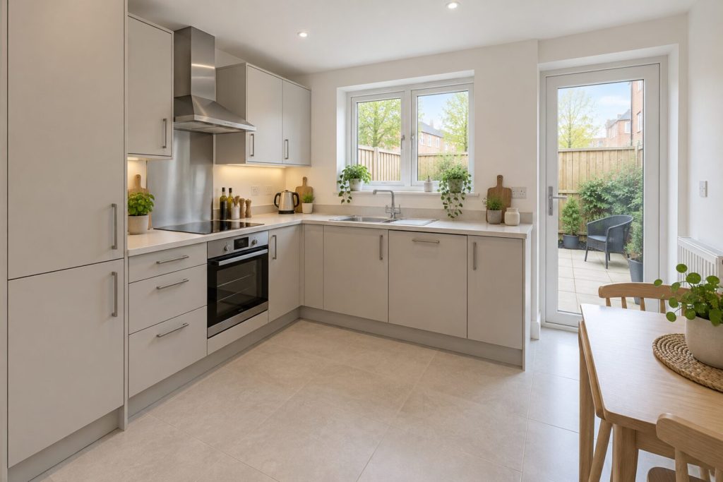 Kitchen in a modern ground-floor flat with patio doors, spring light