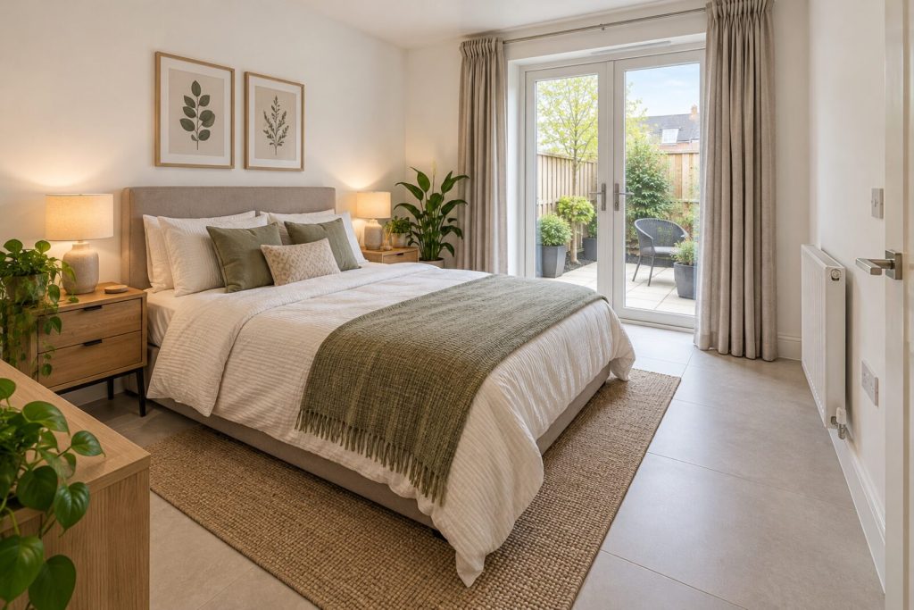Bedroom in a modern ground-floor flat with patio doors, spring light