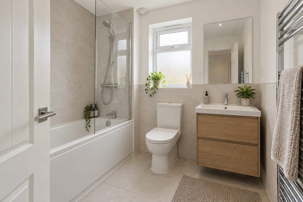 Bathroom in a modern ground-floor flat with patio doors, spring light