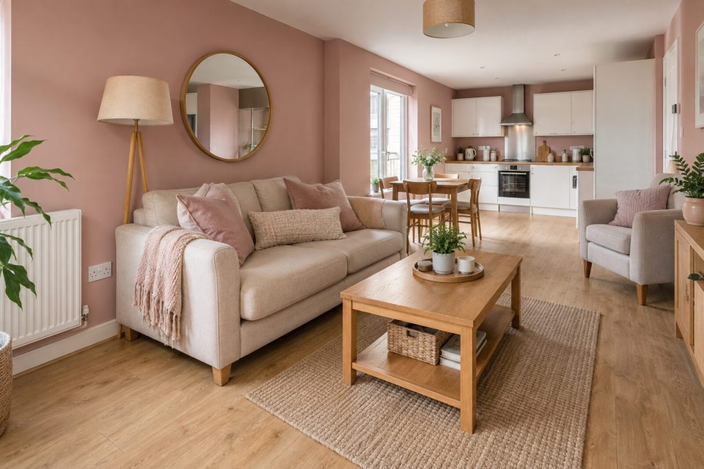 Living room in a 2020s new-build flat, dusty pink and oak, soft daylight