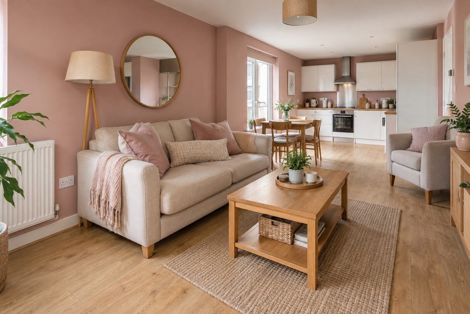 Living room in a 2020s new-build flat, dusty pink and oak, soft daylight