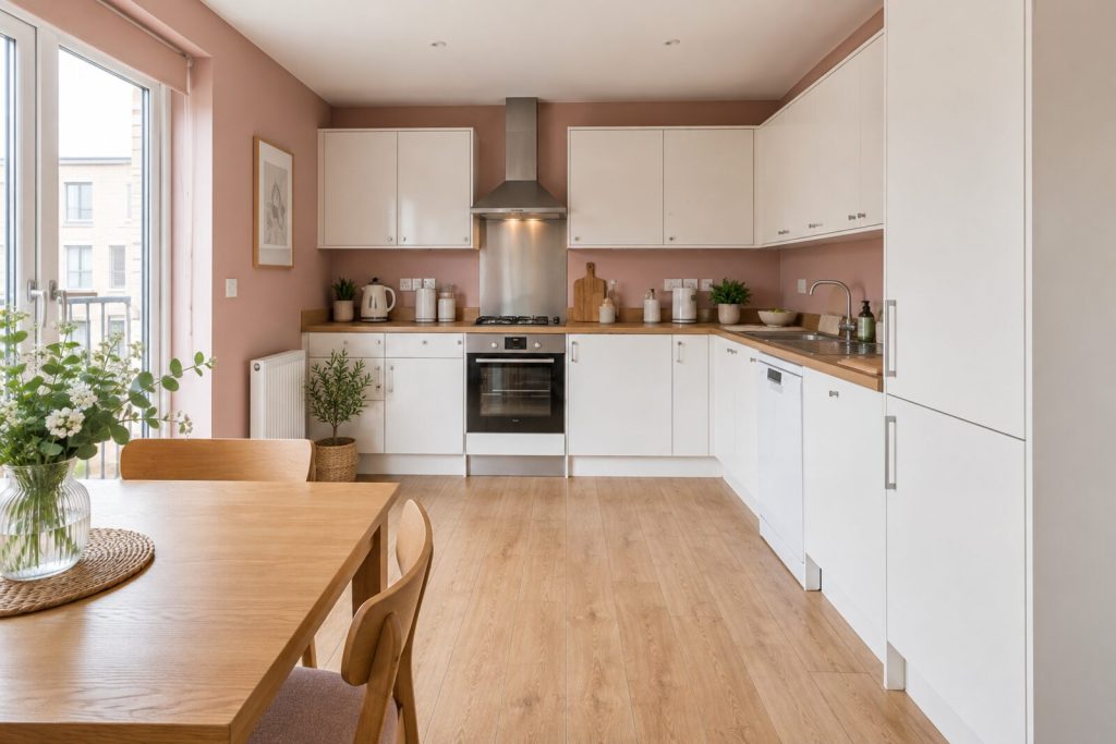 Kitchen in a 2020s new-build flat, dusty pink and oak, soft daylight