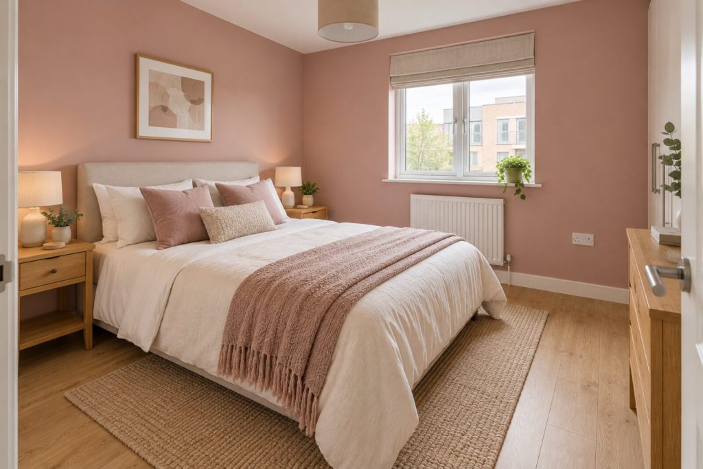 Bedroom in a 2020s new-build flat, dusty pink and oak, soft daylight
