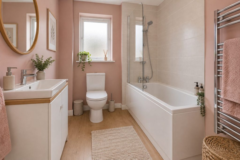 Bathroom in a 2020s new-build flat, dusty pink and oak, soft daylight