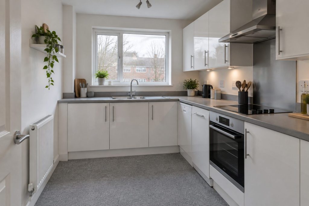 Kitchen in a refreshed 1990s flat with a white kitchen, winter light