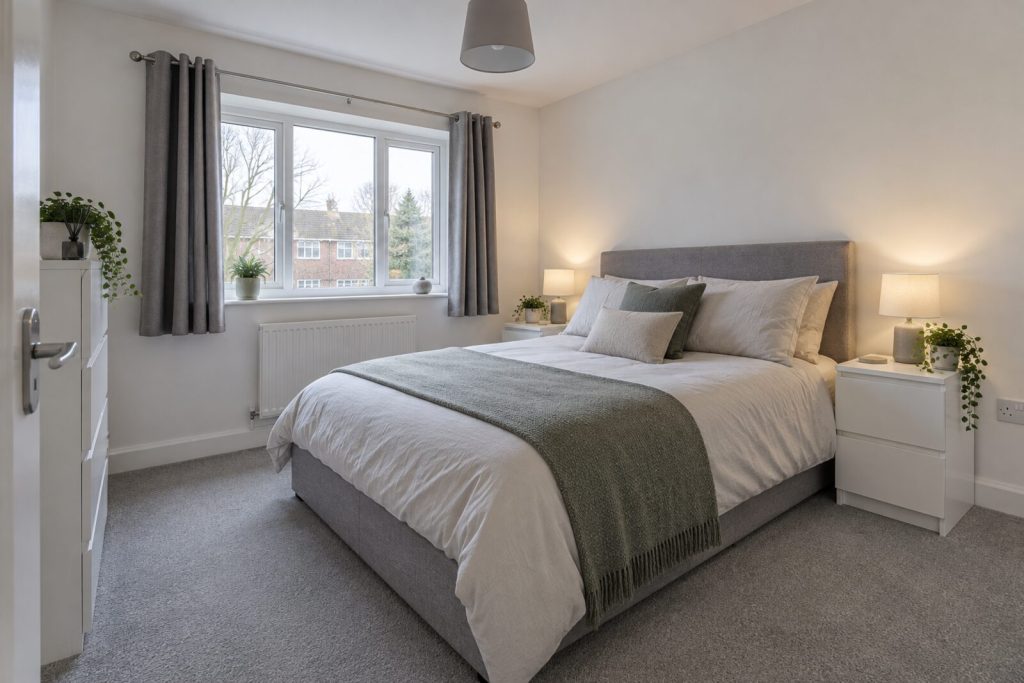 Bedroom in a refreshed 1990s flat with a white kitchen, winter light