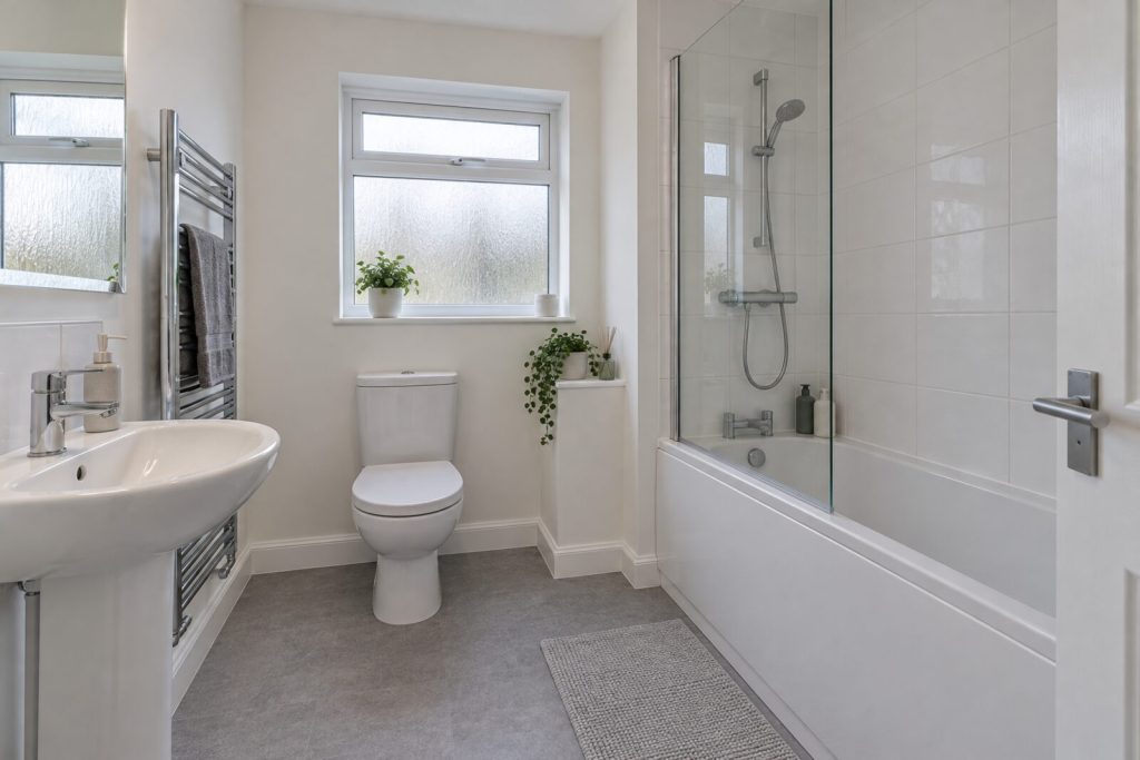 Bathroom in a refreshed 1990s flat with a white kitchen, winter light