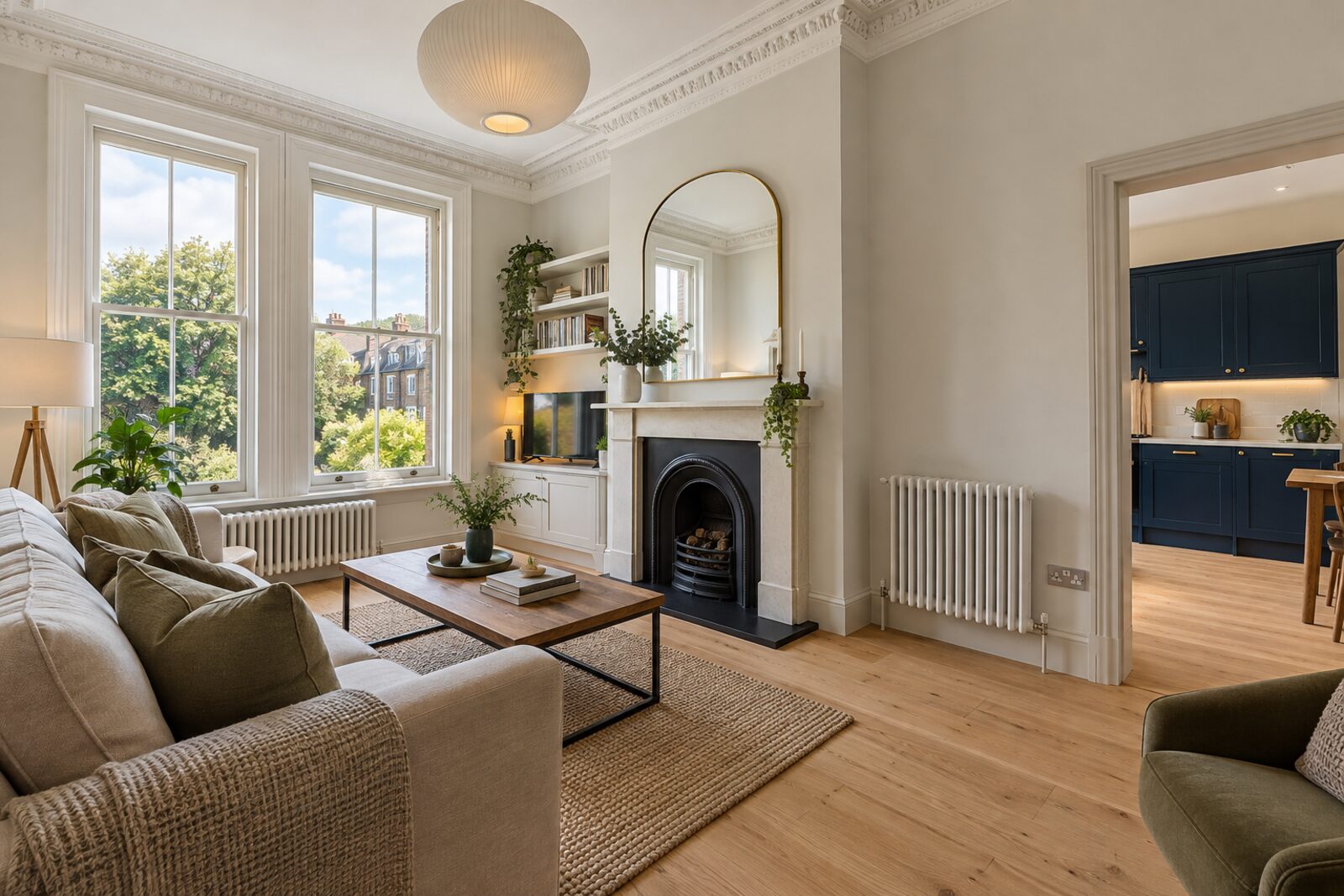Living room in a converted Victorian maisonette with high ceilings and a deep blue kitchen