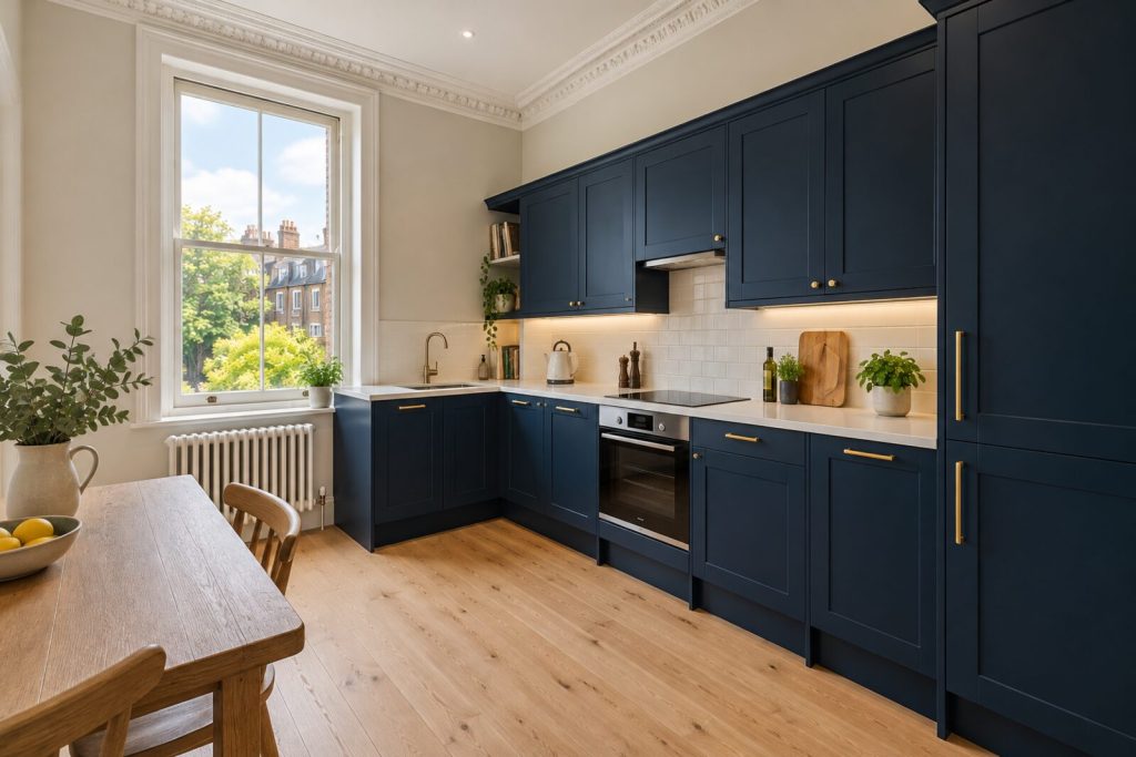 Kitchen in a converted Victorian maisonette with high ceilings and a deep blue kitchen
