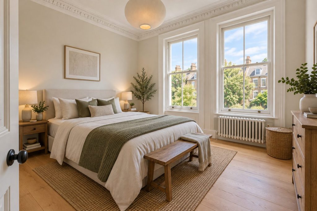 Bedroom in a converted Victorian maisonette with high ceilings and a deep blue kitchen