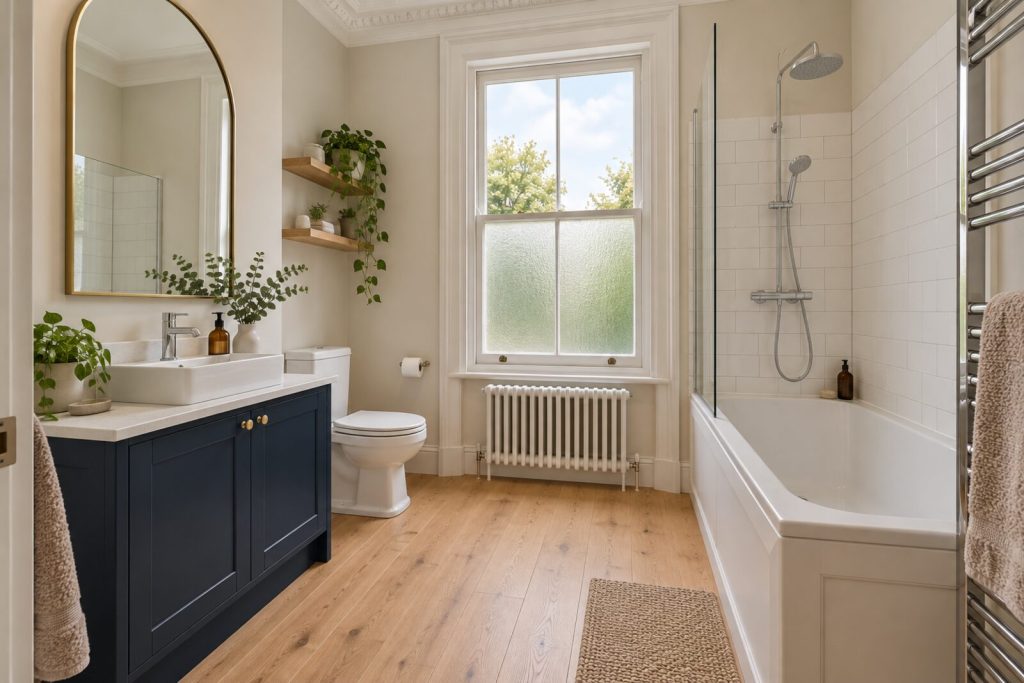 Bathroom in a converted Victorian maisonette with high ceilings and a deep blue kitchen