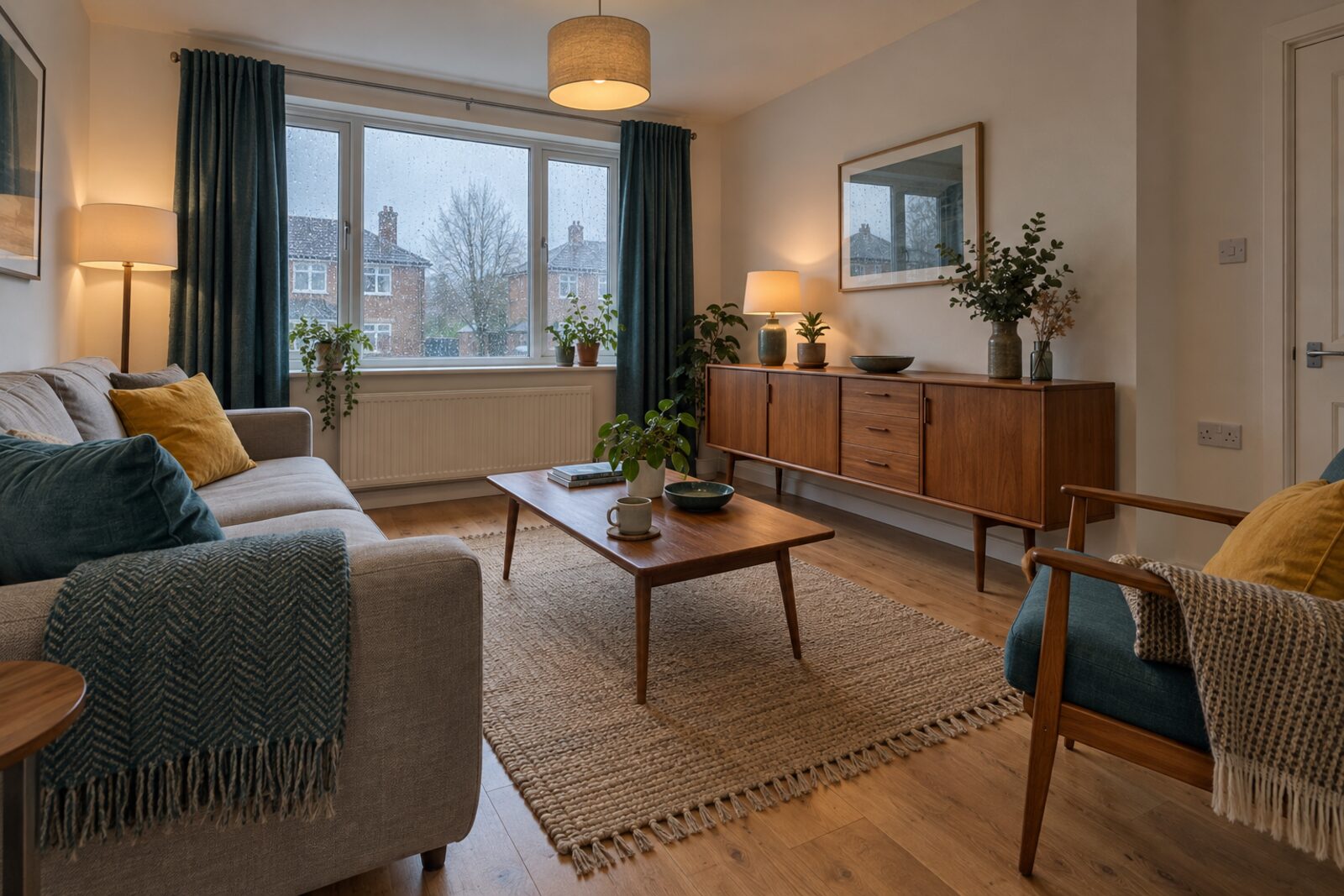 Living room in a small 1950s flat with mid-century furniture, rainy day