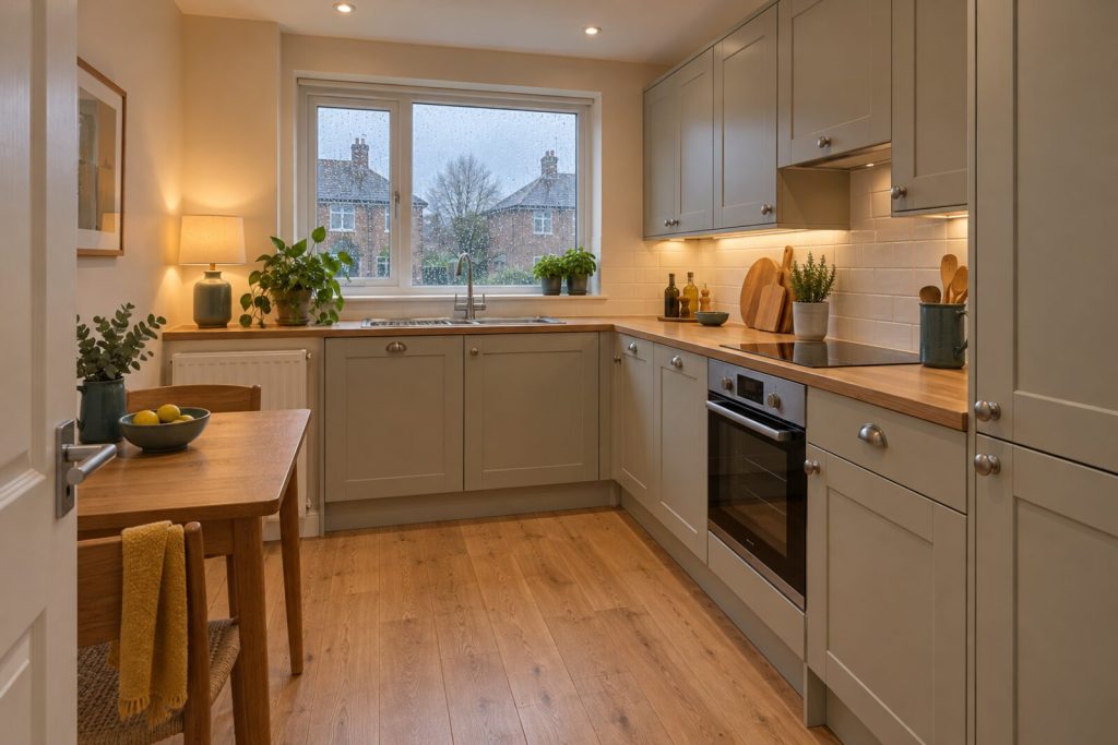 Kitchen in a small 1950s flat with mid-century furniture, rainy day