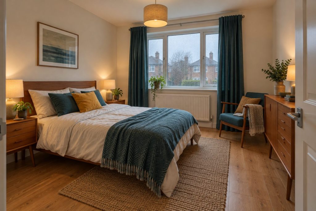 Bedroom in a small 1950s flat with mid-century furniture, rainy day