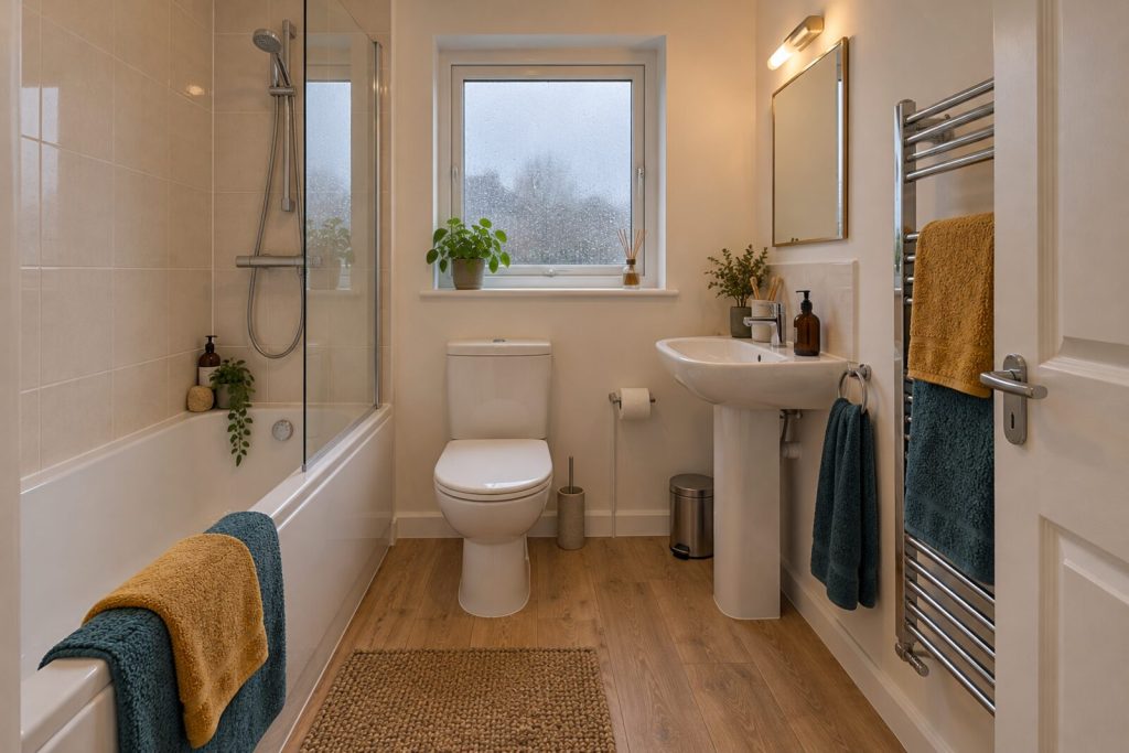 Bathroom in a small 1950s flat with mid-century furniture, rainy day