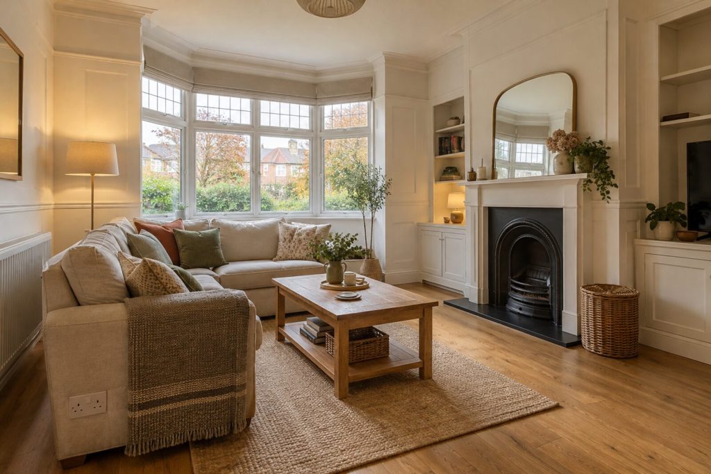 Living room in a 1930s semi with painted panelling, warm white and oak, autumn