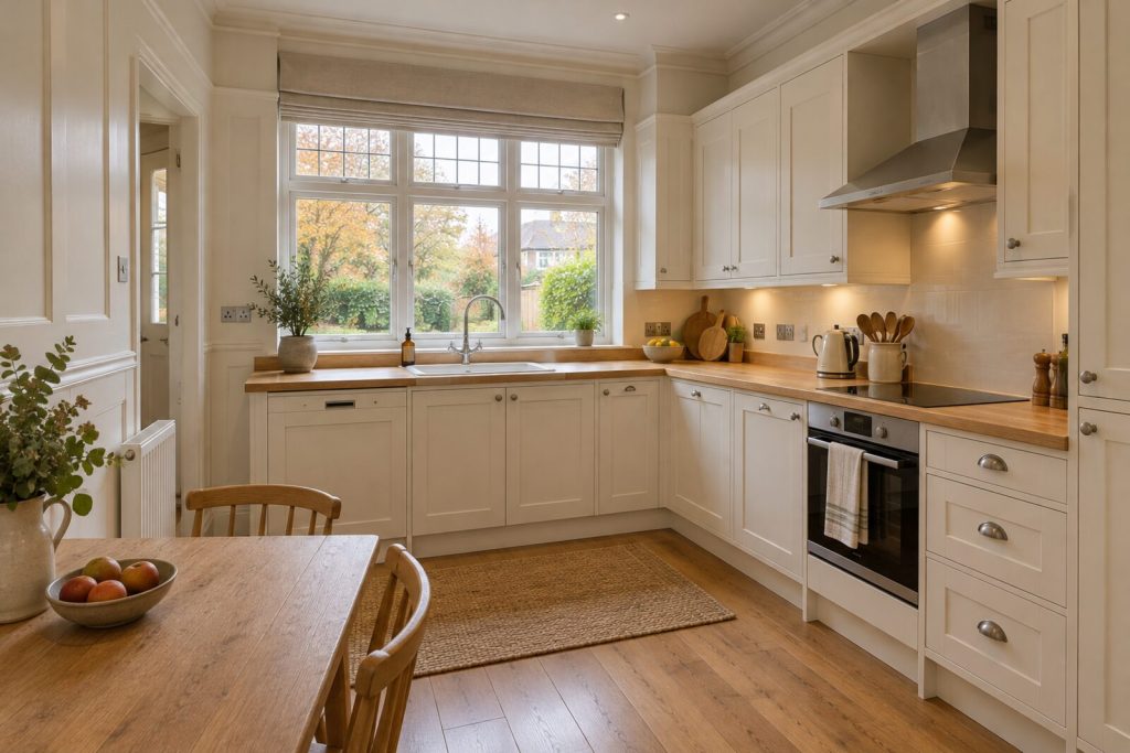Kitchen in a 1930s semi with painted panelling, warm white and oak, autumn