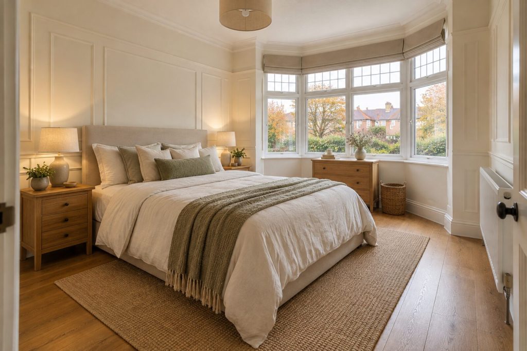 Bedroom in a 1930s semi with painted panelling, warm white and oak, autumn