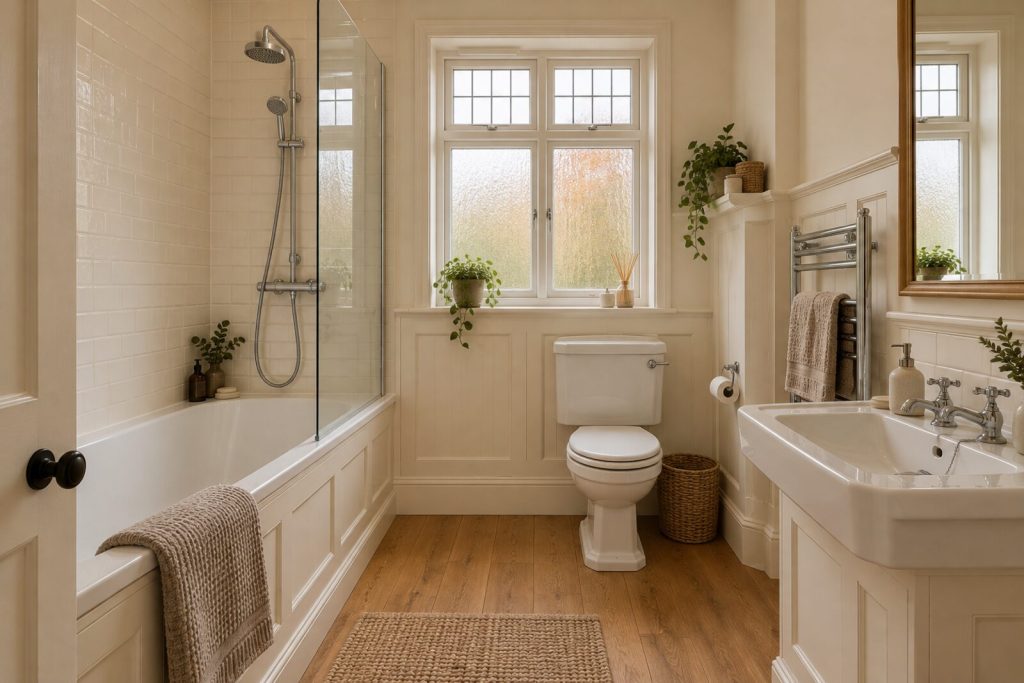 Bathroom in a 1930s semi with painted panelling, warm white and oak, autumn