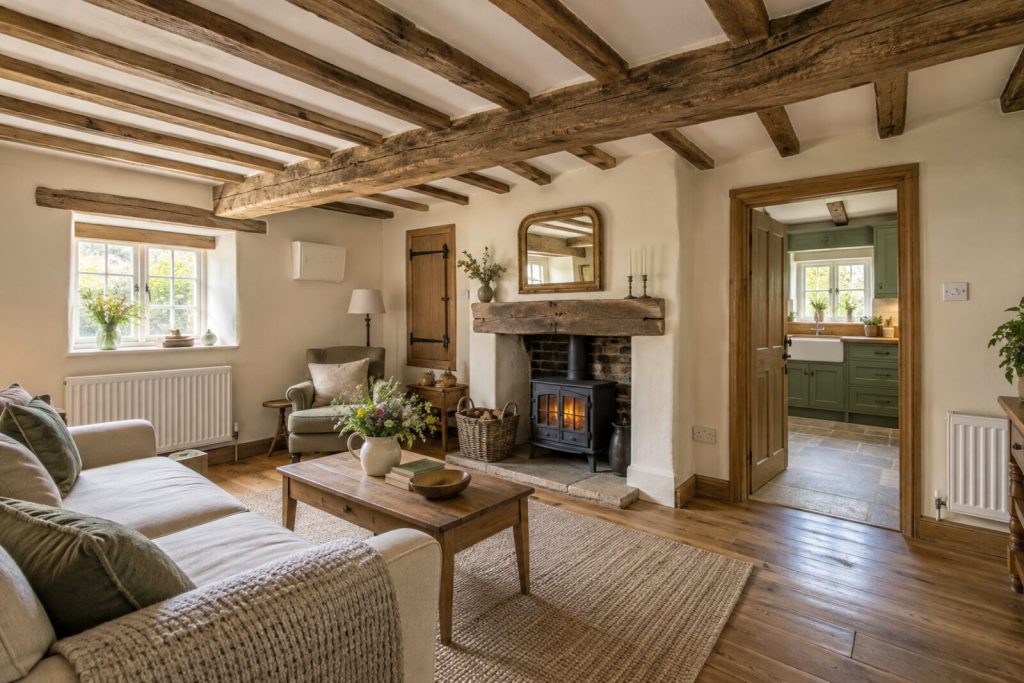 Living room in a Surrey village cottage with beams and a sage kitchen, summer