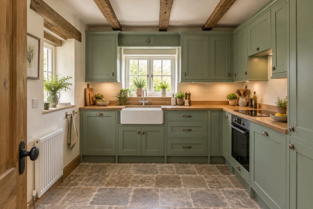 Kitchen in a Surrey village cottage with beams and a sage kitchen, summer