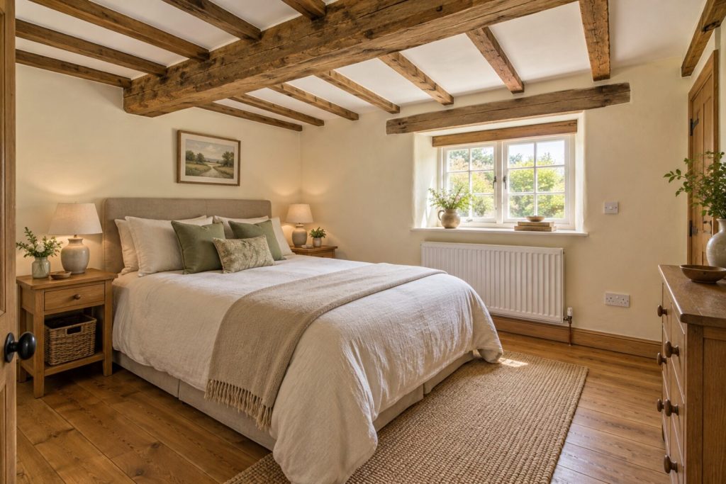 Bedroom in a Surrey village cottage with beams and a sage kitchen, summer