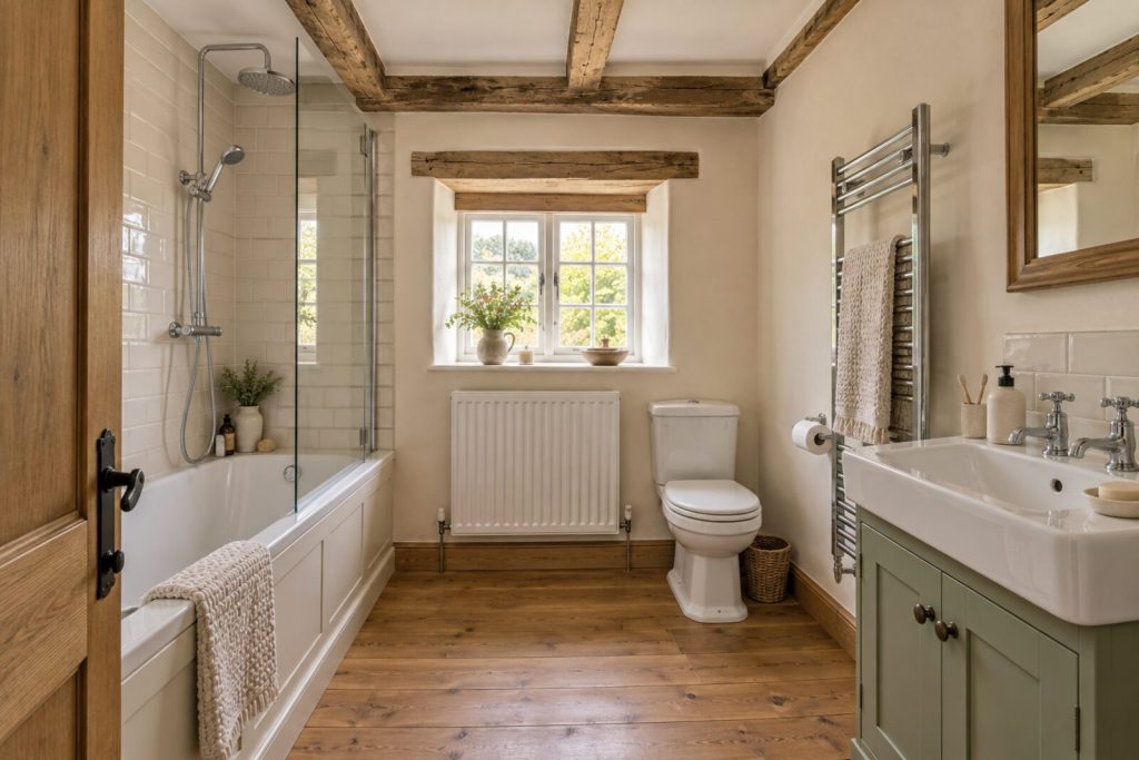 Bathroom in a Surrey village cottage with beams and a sage kitchen, summer