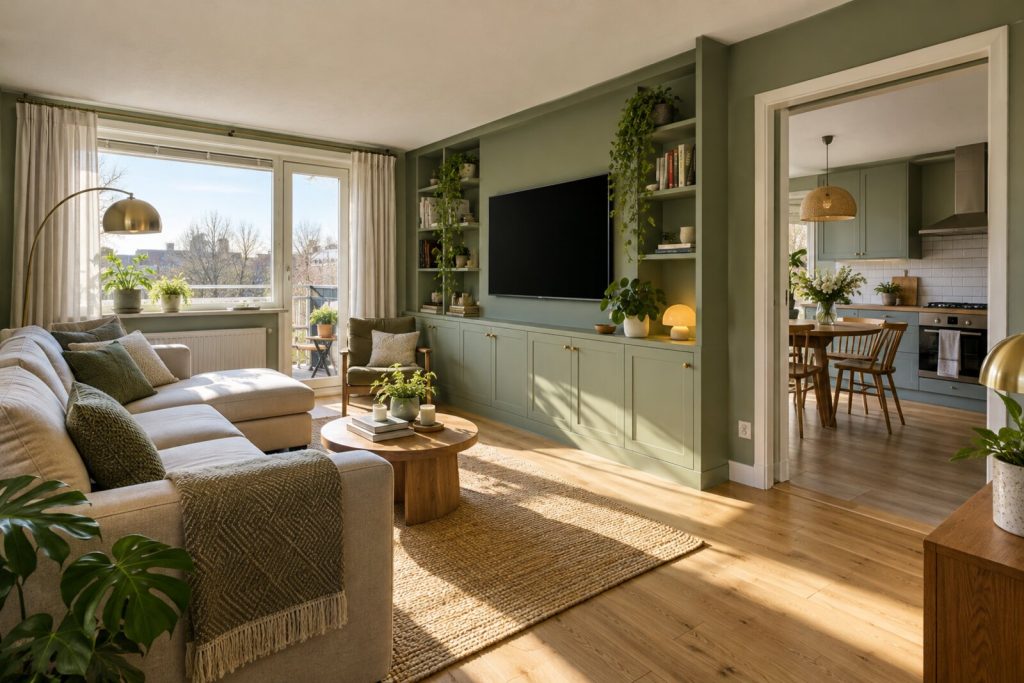 Living room in a refurbished 1970s purpose-built flat, sage green and light oak, bright morning light