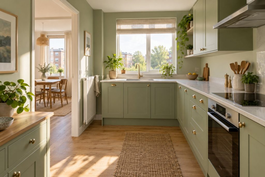 Kitchen in a refurbished 1970s purpose-built flat, sage green and light oak, bright morning light