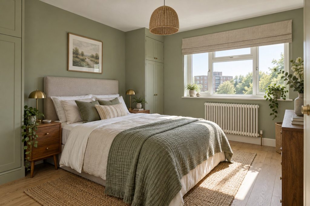 Bedroom in a refurbished 1970s purpose-built flat, sage green and light oak, bright morning light
