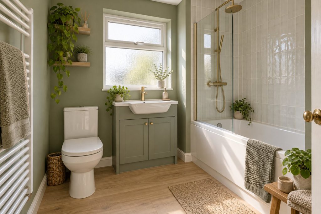 Bathroom in a refurbished 1970s purpose-built flat, sage green and light oak, bright morning light