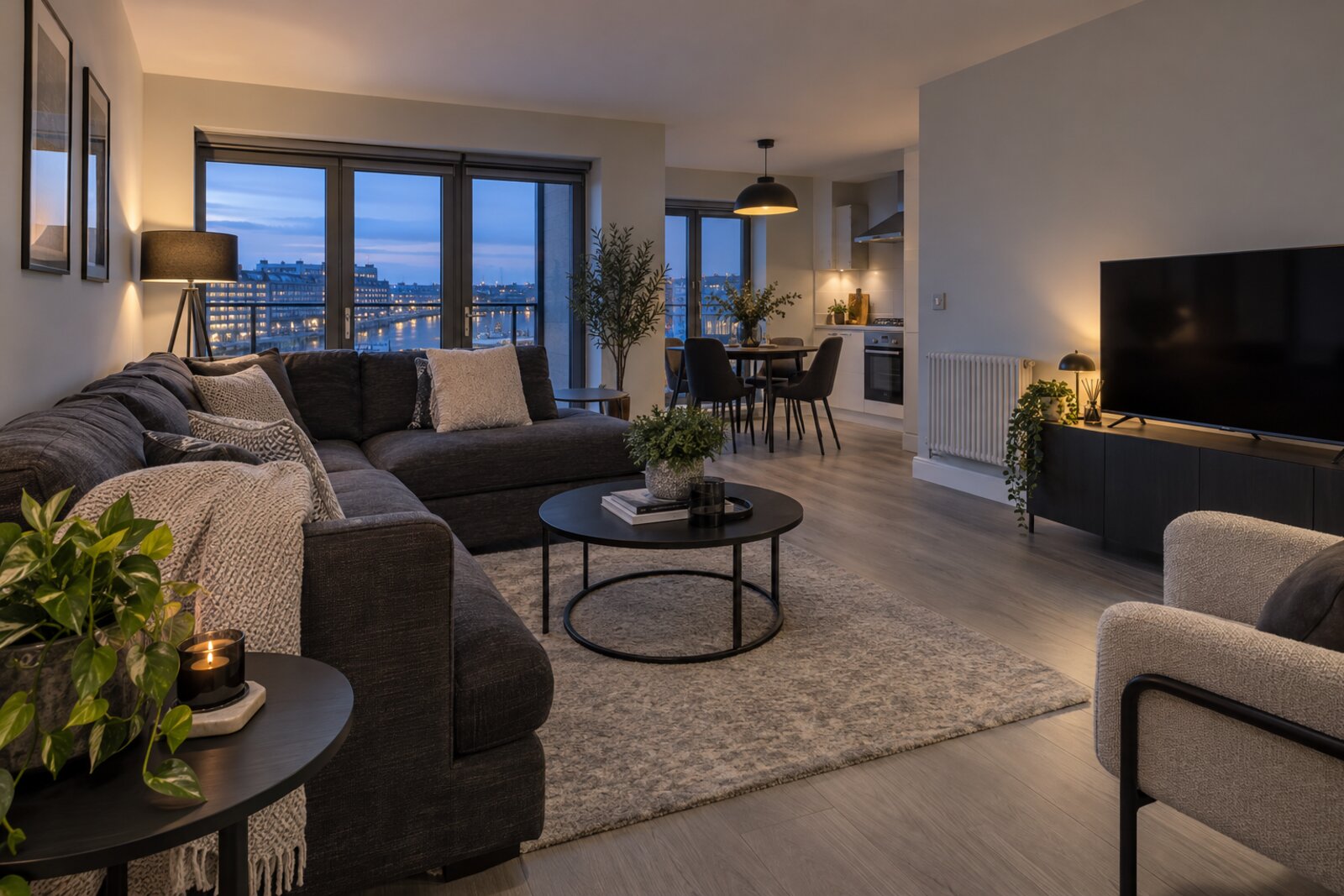 Living room in a 2010s riverside new-build flat, charcoal and white with grey oak, cool evening light