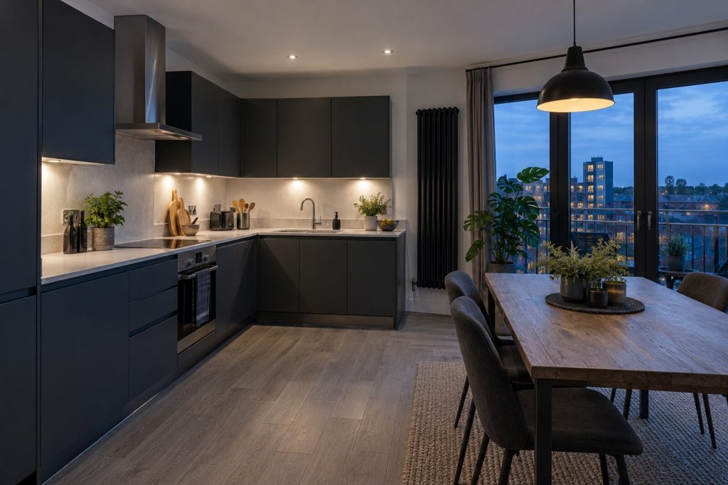 Kitchen in a 2010s riverside new-build flat, charcoal and white with grey oak, cool evening light