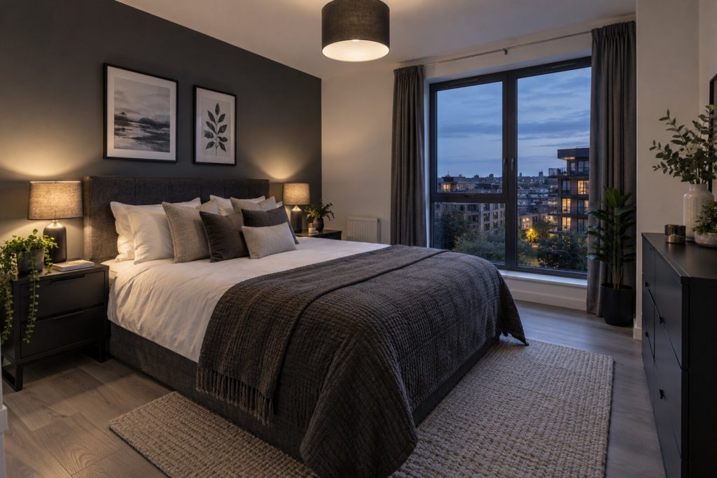 Bedroom in a 2010s riverside new-build flat, charcoal and white with grey oak, cool evening light