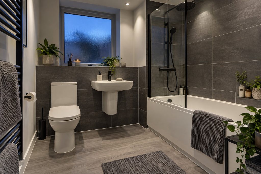 Bathroom in a 2010s riverside new-build flat, charcoal and white with grey oak, cool evening light