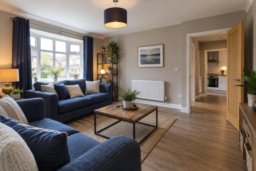 Living room in a modern 2000s semi-detached house, navy and warm grey, bright afternoon light
