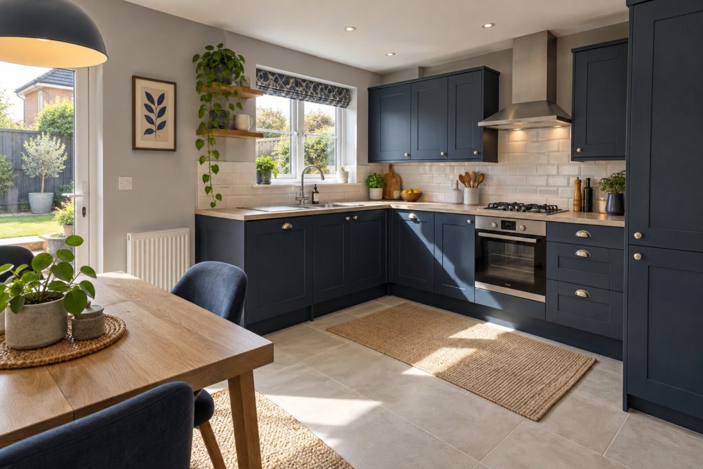 Kitchen in a modern 2000s semi-detached house, navy and warm grey, bright afternoon light